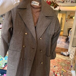 Chloe Brown Herringbone Wool Coat